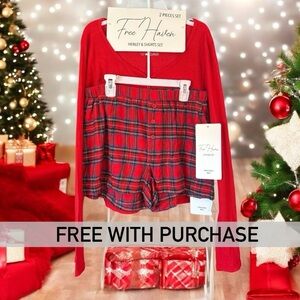 Free w/ Purchase 2 Piece by Free Haven Pajamas Henley & Shorts Plaid Flannel Red